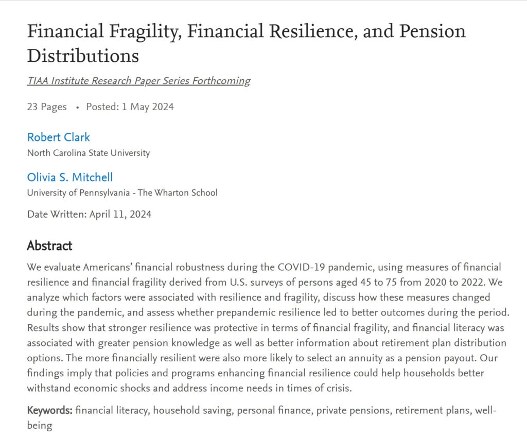 Research paper, "Financial Fragility, Financial Resilience, and Pension Distributions"