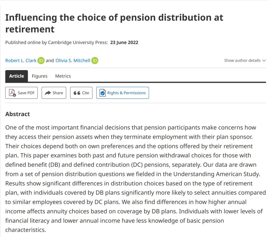 Research paper for the benefits of financial literacy education, "Influencing the choice of pension distribution at retirement"