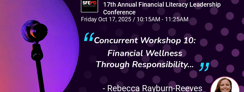 Flyer with purple and black background with microphone for the 17th Annual Financial Literacy Leadership Conference