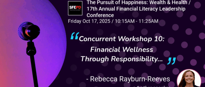 Flyer with purple and black background with microphone for the 17th Annual Financial Literacy Leadership Conference